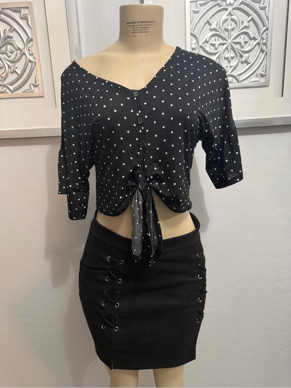 Black Polka Dot Tie-Front Crop Top - Women